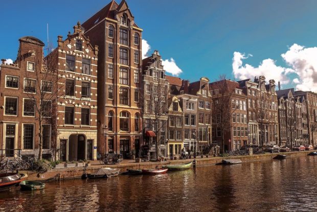 Typical houses and canals in Amsterdam