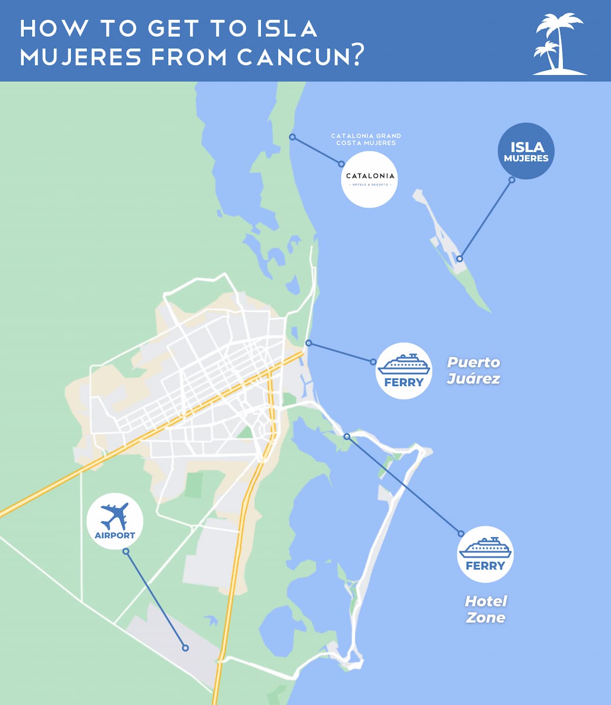 Map how to get from cancun to Isla Mujeres