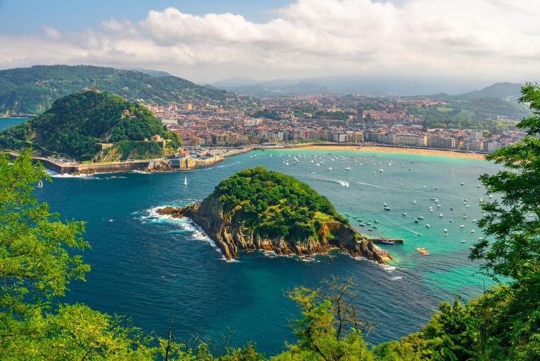 Aerial view of turquoise bay of San Sebastian or Donostia with beach La Concha, Basque country, Spain