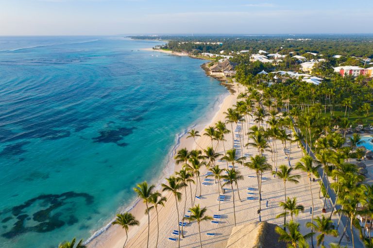 Aerial view of beautiful white sandy beach in Punta Cana, Domini