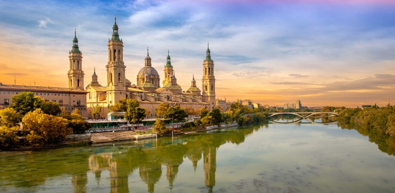 Zaragoza,  panorama city landscape at sunset- Aragon in Spain