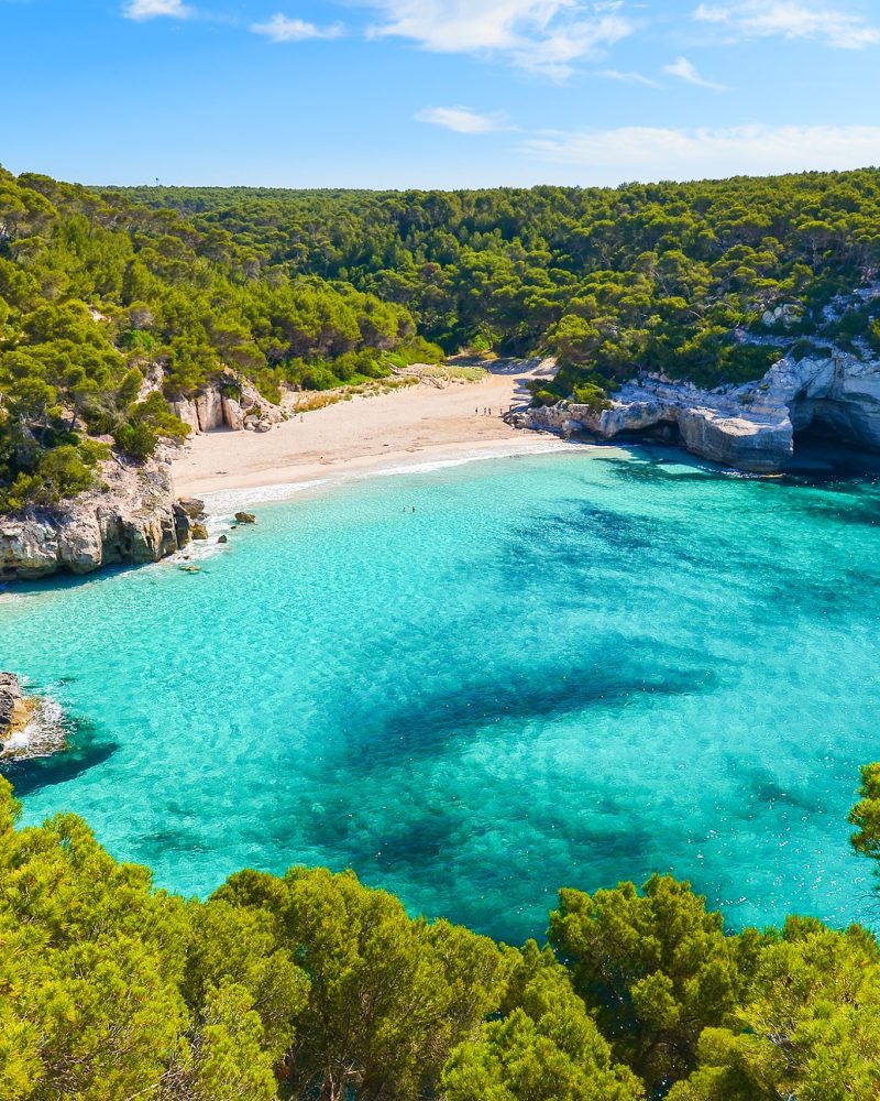 View of Mitjaneta beach with beautiful turquoise sea water, Menorca island, Spain
