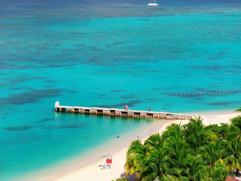 Aerial view on beautiful Caribbean beach and pier in Montego Bay, Jamaica island.