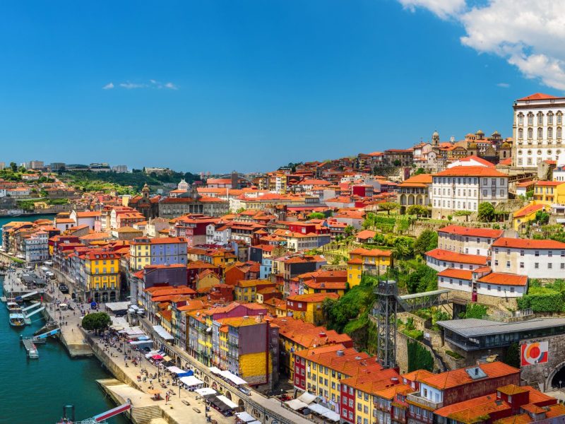 Porto, Portugal panoramic view of old town Oporto from Dom Luis bridge on the Douro River in sunny day