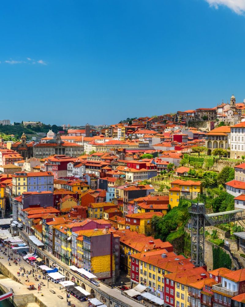 Porto, Portugal panoramic view of old town Oporto from Dom Luis bridge on the Douro River in sunny day
