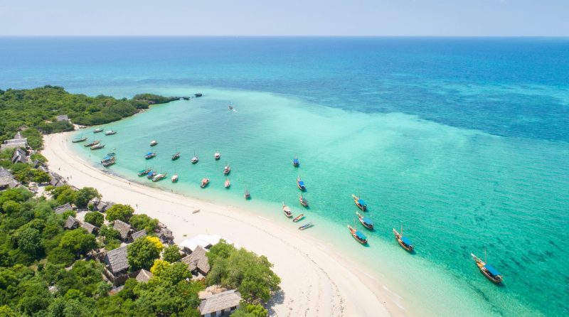 curved coast and beautiful beach with boats on Zanzibar island