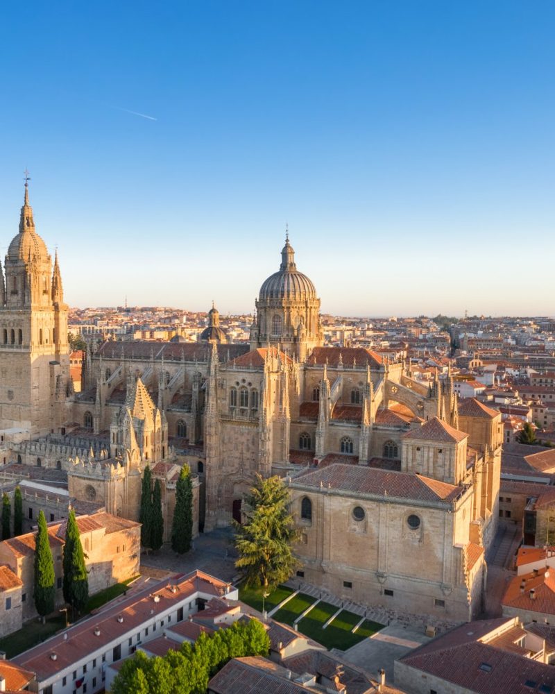 Panoramic aerial cityscape of Salamanca, Spain with building of New Cathedral on sunrise