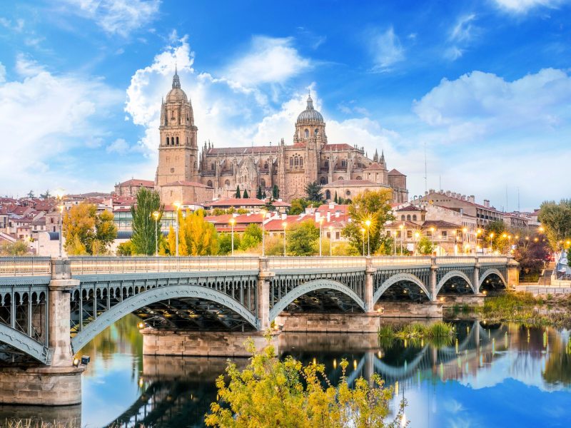 Cathedral of Salamanca and bridge over Tormes river