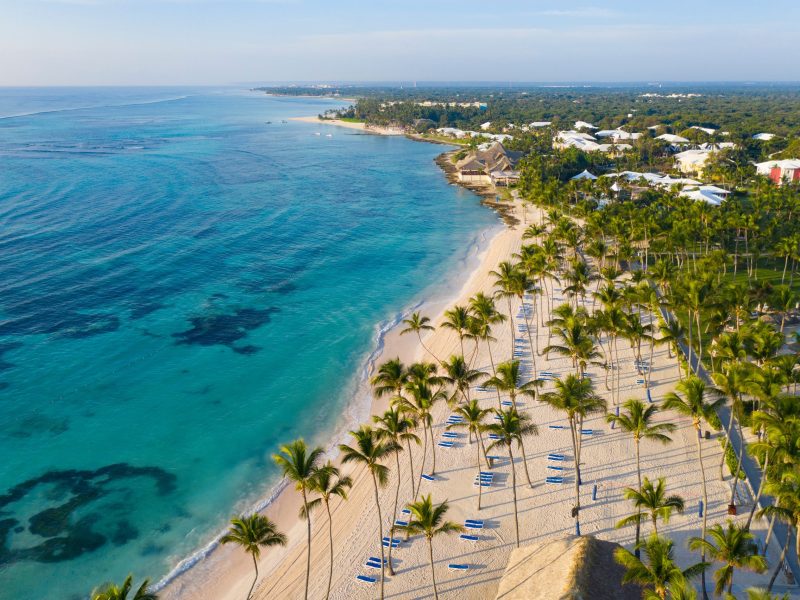 Aerial view of beautiful white sandy beach in Punta Cana, Dominican Republic