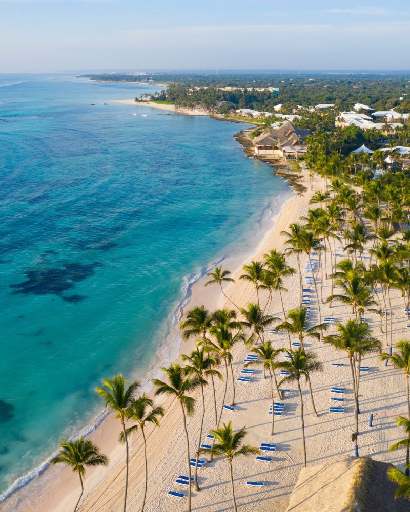 Aerial view of beautiful white sandy beach in Punta Cana, Dominican Republic