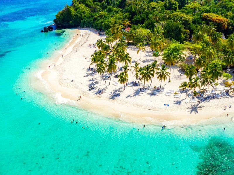 Vacation background. Travel concept. Aerial drone view of beautiful caribbean tropical island with palms and turquoise water. Banner wide format.