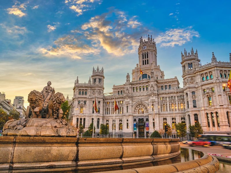 Madrid Spain, sunrise city skyline at Cibeles Fountain Town Square