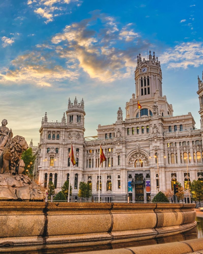 Madrid Spain, sunrise city skyline at Cibeles Fountain Town Square