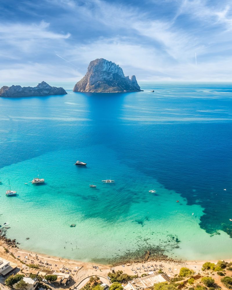 Aerial view of Cala d’Hort, Ibiza islands, Spain