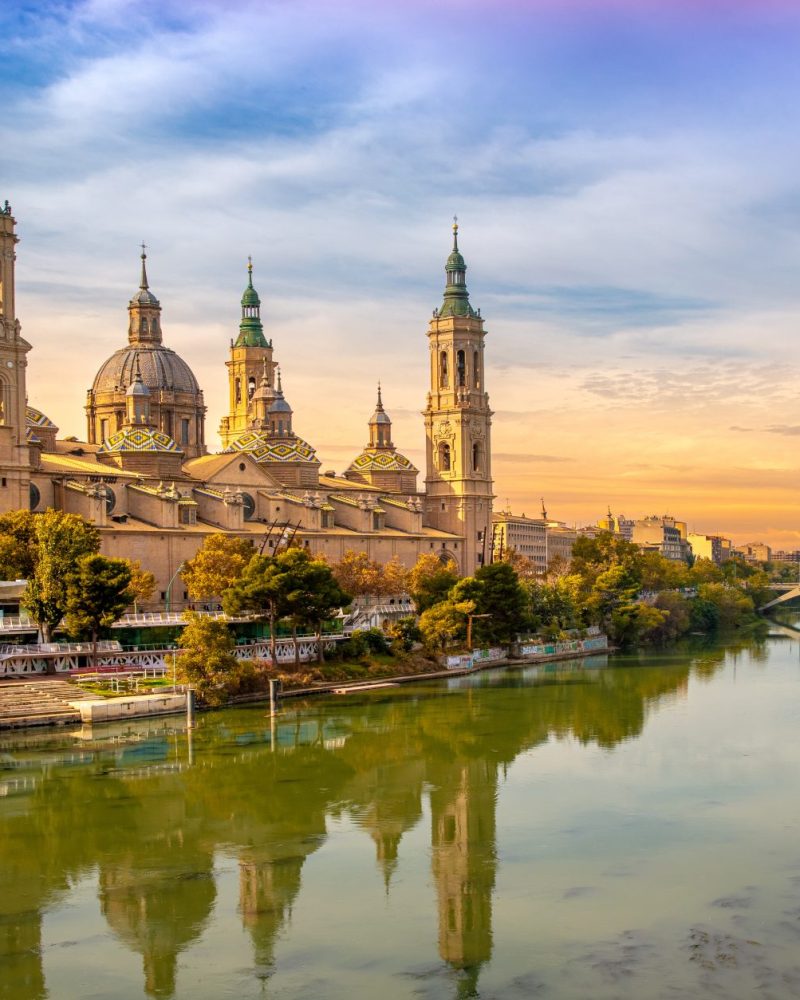 Zaragoza,  panorama city landscape at sunset- Aragon in Spain
