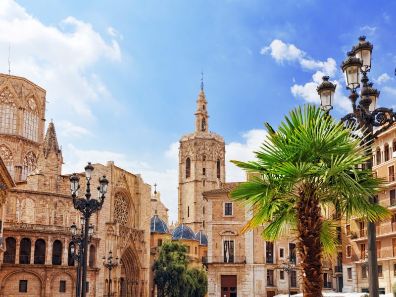 Square of Saint Mary's and Valencia  Cathedral Temple in old town.Spain .