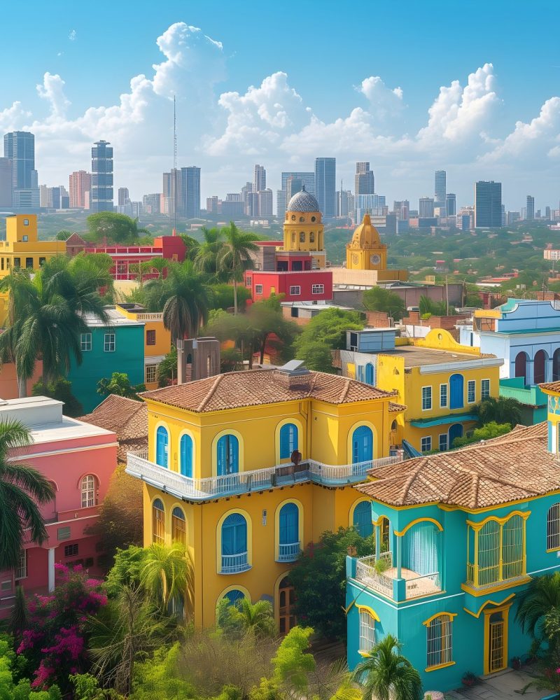 A cityscape of Santo Domingo under the sunlight and a blue sky in the Dominican Republic